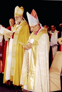 The Archbishop of Brazil, the Most Revd Glauco Soares de Lima, right, with the Archbishop of Canterbury, as the mass begins in Gramado to mark the end of the Primates Meeting.
