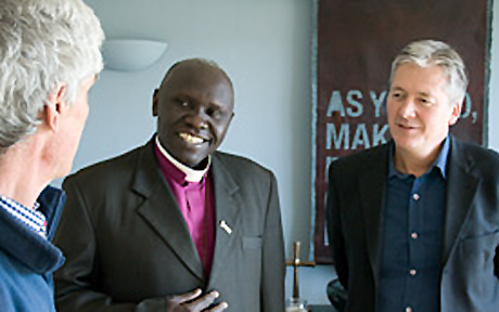 Bishop Anthony Poggo of Kajo-Keji Diocese, South Sudan, talks with Paul Thaxter (rt), CMS transcultural mission director, and Stephen Burgess, CMS transcultural manager for Africa.